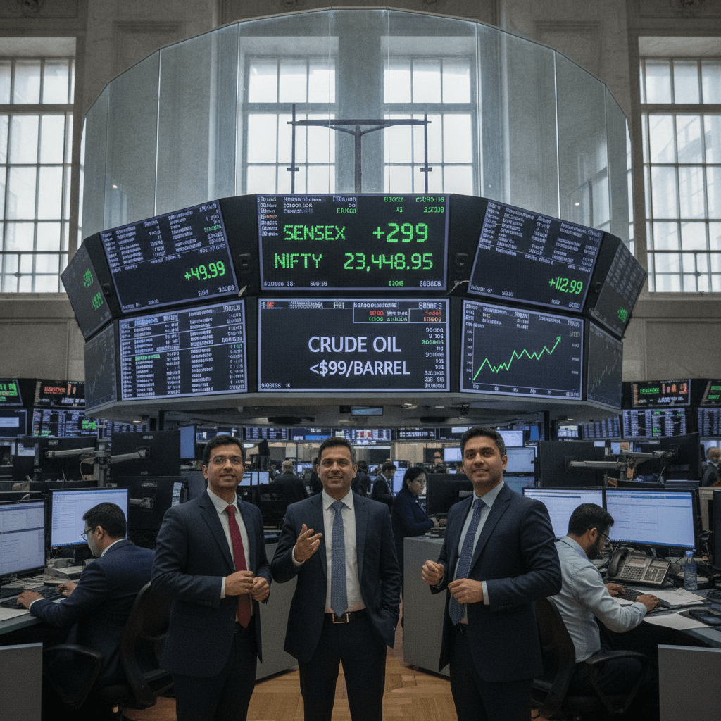 Sensex jumps 299 points, Nifty closes near 23,450 as oil dips below $99/barrel. What can trigger the next sharp rally on D-Street? 